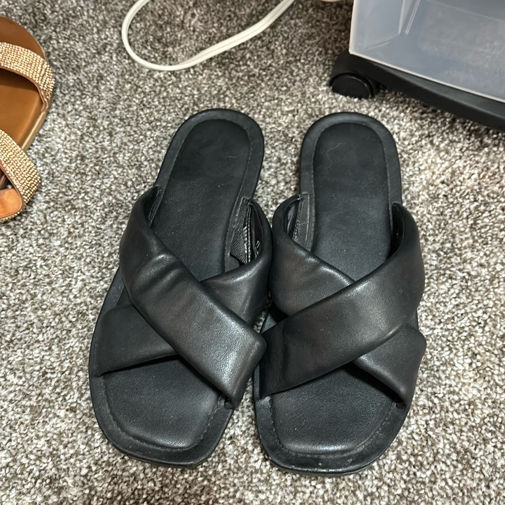 Elevated faux leather slip on sandals